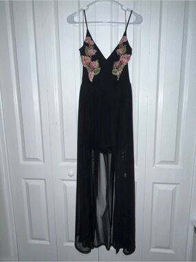 Charlotte Russe Black Maxi Dress with Pink Rose Embroidery